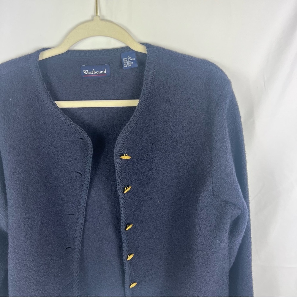 Westbound Navy Blue 100% Wool Cardigan with Gold Buttons - Picture 3 of 7